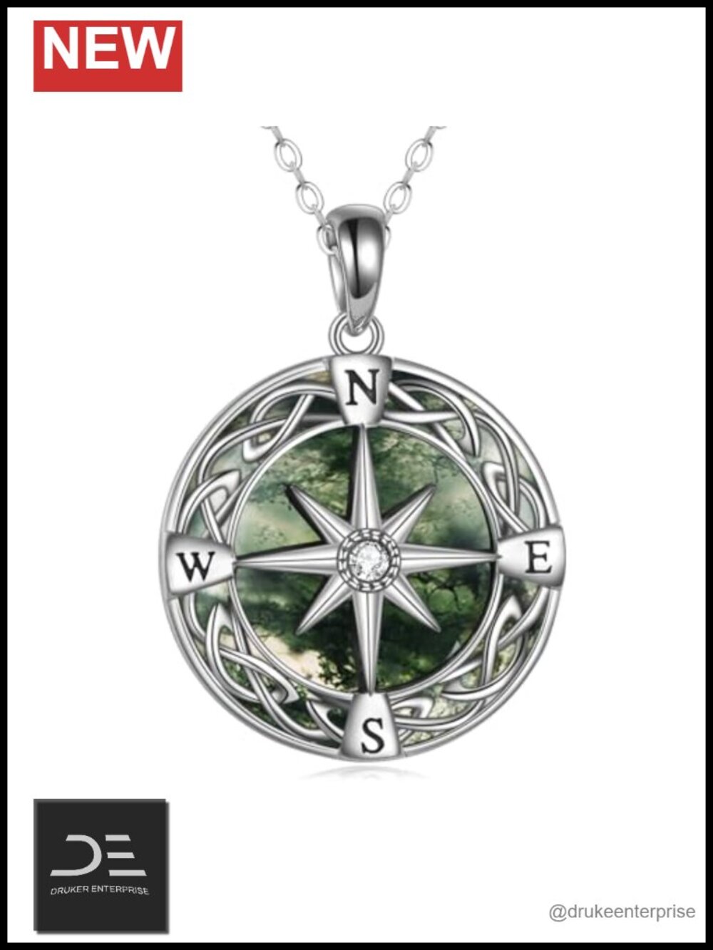 925 Sterling Silver Moss Agate Compass Pendant Necklace